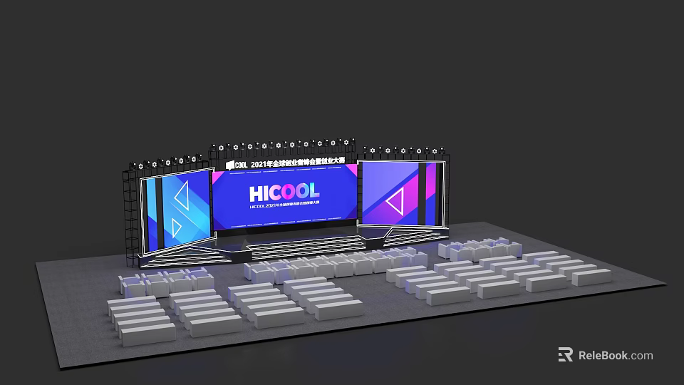 HICOOL 2024 Event Stage With Large Screens Seats And Backdrop Design 3d model 