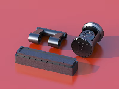 Black Metal Mechanical Components With Wheels Circular Device And Rectangular Base On Red Background 3d model