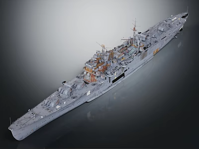 Detailed Gray Military Warship With Deck Turrets Mast And Metal Hull Structure 3d model