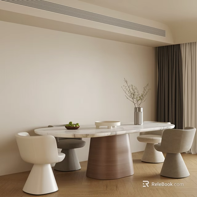 Modern Table and Chairs Set Featuring Round Marble Top and Vase with Fruit Bowl 3d model 