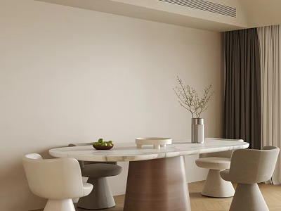 Modern Table and Chairs Set Featuring Round Marble Top and Vase with Fruit Bowl 3d model