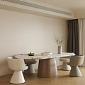 Modern Table and Chairs Set Featuring Round Marble Top and Vase with Fruit Bowl
