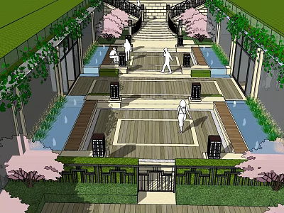 Commercial Landscape Design With Staircase Cherry Blossom Trees Wooden Platforms And Water Features 3d model