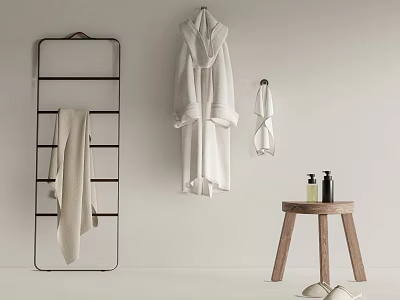 Essential Bathroom Accessories Featuring Towel Rack Bathrobe Towel Hooks Wooden Stool and Slippers with Bottles 3d model
