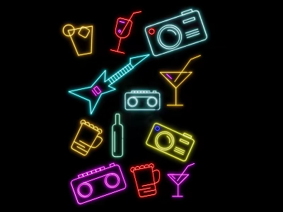 Colorful Neon Decorative Lights Featuring Retro Icons Guitar Camera Wine Glass Cassette On Black Background 3d model