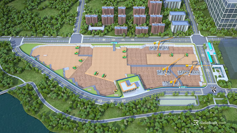 Aerial View Plan of Construction Site with Buildings Roads and Greenery Layout 3d model 
