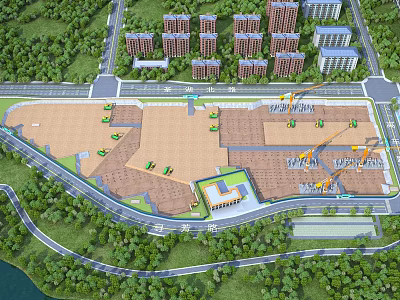 Aerial View Plan of Construction Site with Buildings Roads and Greenery Layout 3d model