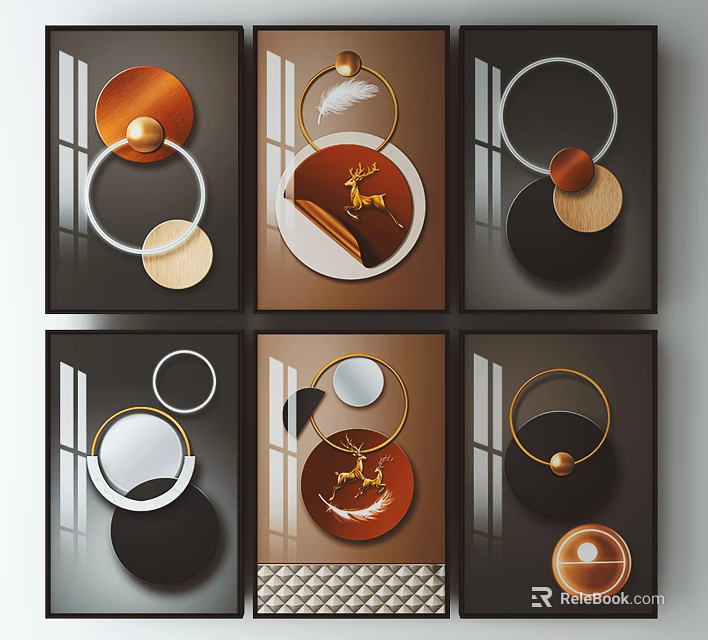 Modern Geometric Wall Art With Circular Rings Brown Gold And Deer Patterns 3d model 
