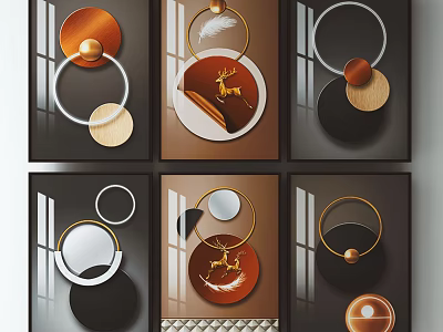 Modern Geometric Wall Art With Circular Rings Brown Gold And Deer Patterns 3d model