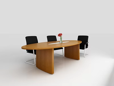 Oval Wooden Conference Table With Black Chairs Red Flowers And White Papers 3d model