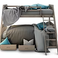 Wooden Bunk Bed Design With Upper Blue Pillows Gray Blanket Lower Mattress Storage Drawers Ladder