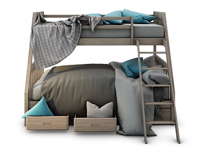 Wooden Bunk Bed Design With Upper Blue Pillows Gray Blanket Lower Mattress Storage Drawers Ladder 3d model