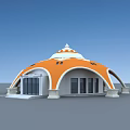 Orange And White Dome Building With Arched Structure And White Doors Windows 3d model