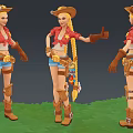 Game Movie Female Characters In Cowboy Style With Animal Doll Chick Dolls On Green Grass