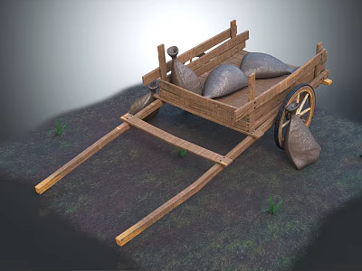 Old Wooden Cart Loaded With Sacks And Wooden Wheels On Grass Earth 3d model