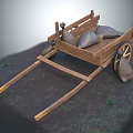 Old Wooden Cart Loaded With Sacks And Wooden Wheels On Grass Earth