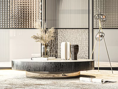 Modern Round Coffee Table Featuring Wooden Texture Decorative Vases And Metal Lamp In Living Room 3d model