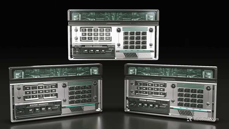 Three Vintage Electronic Devices With Metal Casing Buttons And Display Panels 3d model 