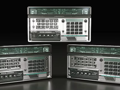 Three Vintage Electronic Devices With Metal Casing Buttons And Display Panels 3d model