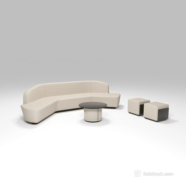 Modern Light Colored Curved Upholstered Sofa and Round Coffee Table Set With Ottoman Stools 3d model