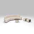 Modern Light Colored Curved Upholstered Sofa and Round Coffee Table Set With Ottoman Stools 3d model