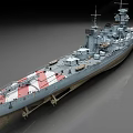 Vintage Military Battleship With Turrets Masts And Red White Deck
