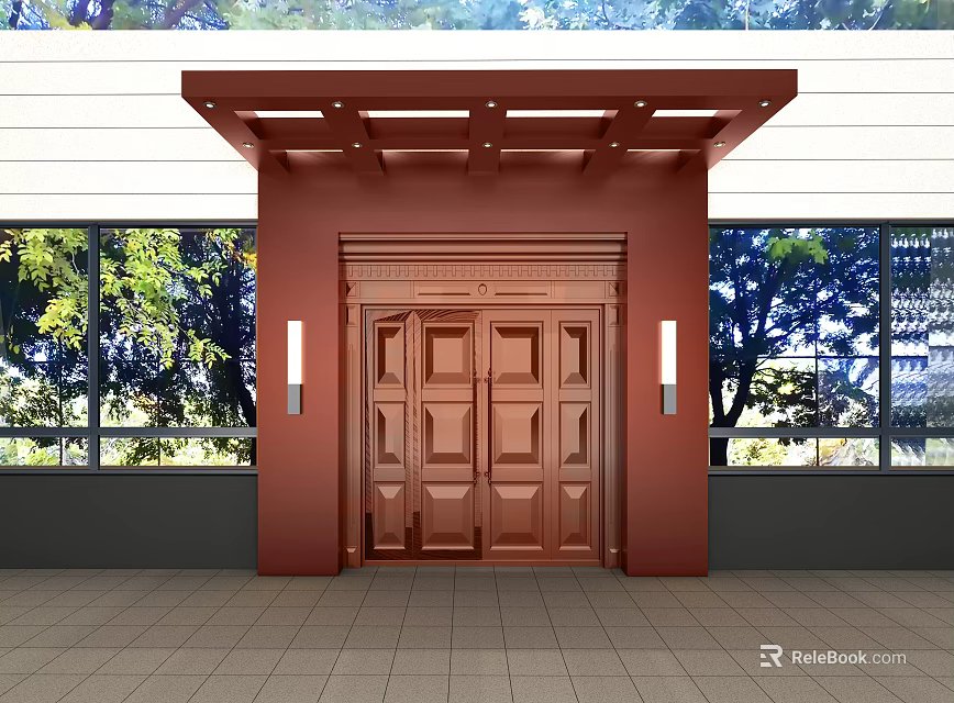 Copper Double Entrance Door With Red Frame Awning Side Lights And Windows 3d model 