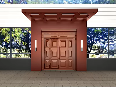 Copper Double Entrance Door With Red Frame Awning Side Lights And Windows 3d model