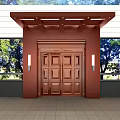 Copper Double Entrance Door With Red Frame Awning Side Lights And Windows