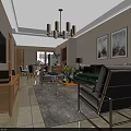 Modern Living and Dining Room Interior With Green Sofa Gray Armchair Coffee Table And Chandelier