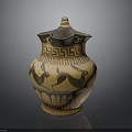 Ancient Pottery Sculpture With Lid Yellow Black Geometric Patterns And Animal Motifs