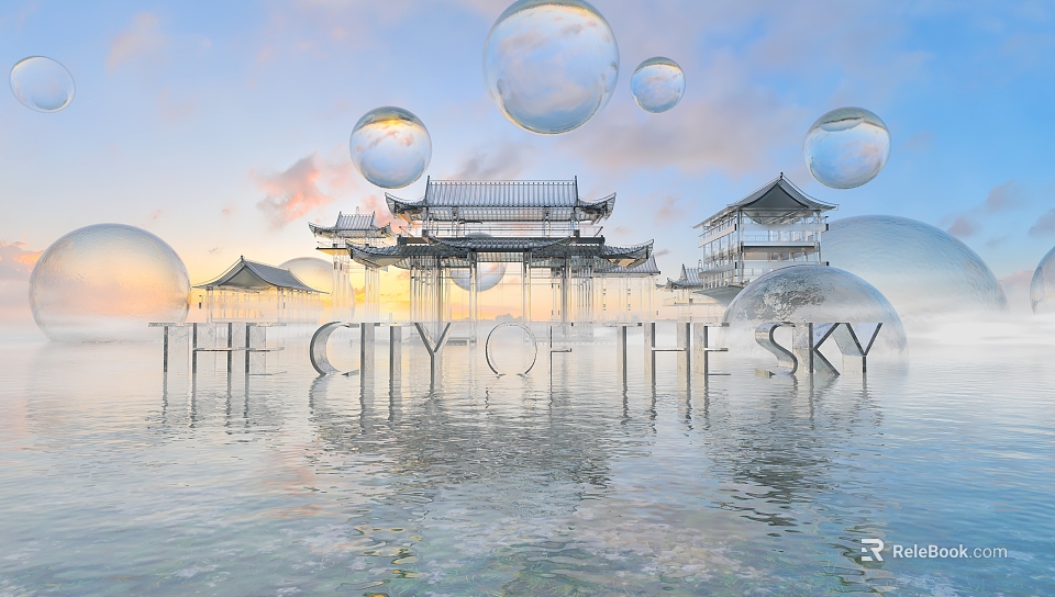 Traditional Chinese Ancient Architecture Pagodas with Floating Bubbles and Water Reflection Under Blue Sky Clouds 3d model 