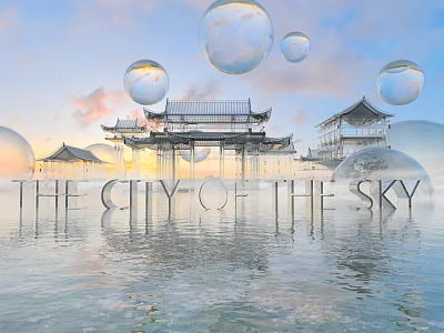 Traditional Chinese Ancient Architecture Pagodas with Floating Bubbles and Water Reflection Under Blue Sky Clouds 3d model