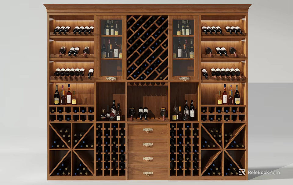 Classic Wooden Wine Cabinet With Glass Doors Multiple Shelves Drawers And Wine Bottle Storage 3d model 