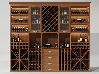 Classic Wooden Wine Cabinet With Glass Doors Multiple Shelves Drawers And Wine Bottle Storage 3d model