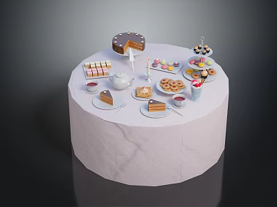 Assorted Afternoon Tea Desserts With Chocolate Cake Cookies And Teacups On Round White Tablecloth 3d model