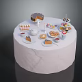 Assorted Afternoon Tea Desserts With Chocolate Cake Cookies And Teacups On Round White Tablecloth