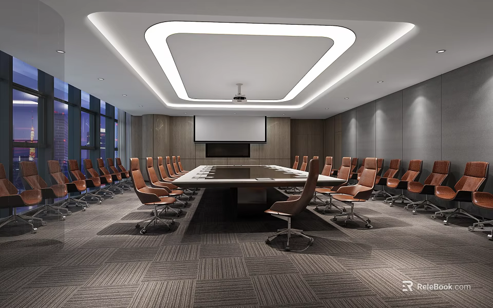 Modern Conference Room With Large Meeting Table Brown Leather Chairs Projector Screen And Ceiling Lighting 3d model 