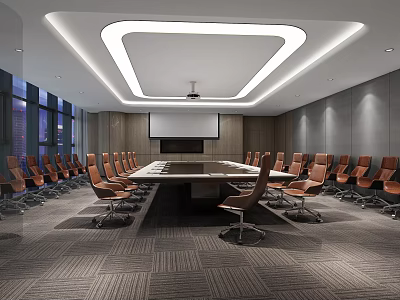 Modern Conference Room With Large Meeting Table Brown Leather Chairs Projector Screen And Ceiling Lighting 3d model