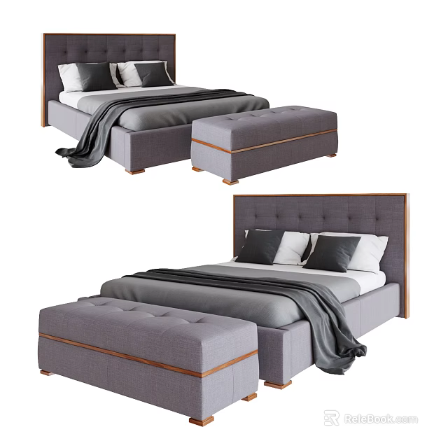 Modern Double Bed With Upholstered Headboard Matching Ottoman And Gray Blanket 3d model