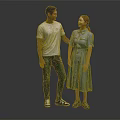 Two People Standing Together Wearing White T-Shirt Green Pants And Blue Dress Smiling