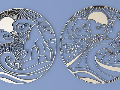 Intricate Carved Circular Artwork with Sun Moon Clouds Mountains and Waves Design 3d model