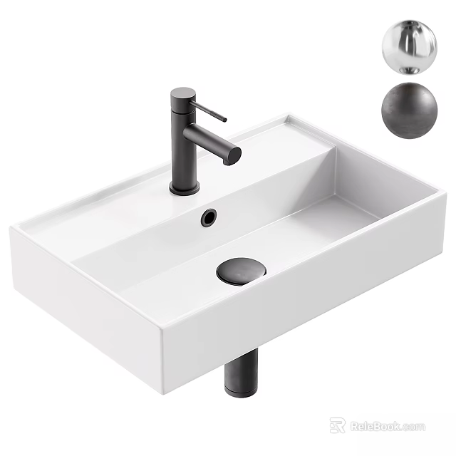 Modern White Rectangular Washbasin With Black Faucet And Minimalist Design 3d model