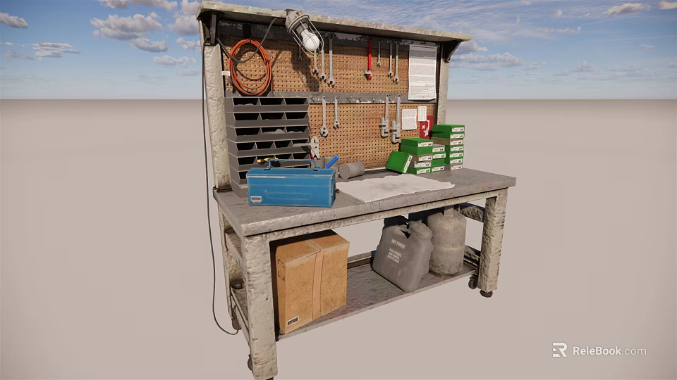 Functional Workbench Featuring Tool Pegboard Hanging Tools Blue Toolbox and Gray Oil Drums 3d model 
