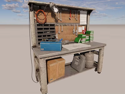 Functional Workbench Featuring Tool Pegboard Hanging Tools Blue Toolbox and Gray Oil Drums 3d model