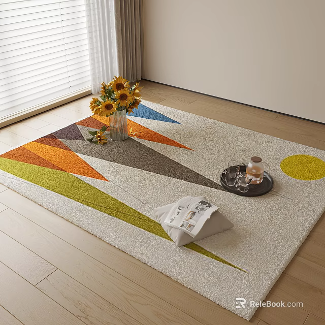 Square Area Rug with Colorful Geometric Patterns Orange Green Yellow Vase Sunflowers Tray Magazine 3d model 