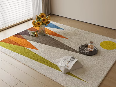Square Area Rug with Colorful Geometric Patterns Orange Green Yellow Vase Sunflowers Tray Magazine 3d model