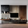 Modern TV Wall with Marble Wooden Panel Gold Accents and Fireplace Decorative Items