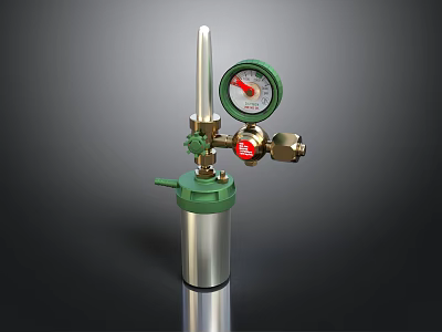 Industrial Pressure Gauge Device With Silver Cylinder Green Base Red Knob And Brass Fittings 3d model