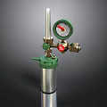 Industrial Pressure Gauge Device With Silver Cylinder Green Base Red Knob And Brass Fittings